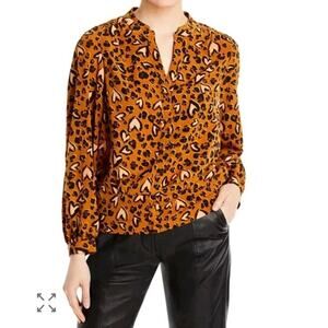 Karl Lagerfeld Leopard Heart Print Blouse Brown Size L Long Sleeve Smocked